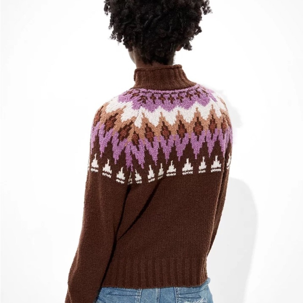 American Eagle Fair Isle Mock Neck Sweater XS NWT brown purple Winter Ski Cozy - Picture 2 of 8